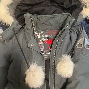 Moose Knuckles Gray Puffer Jacket with Fur Trim XS